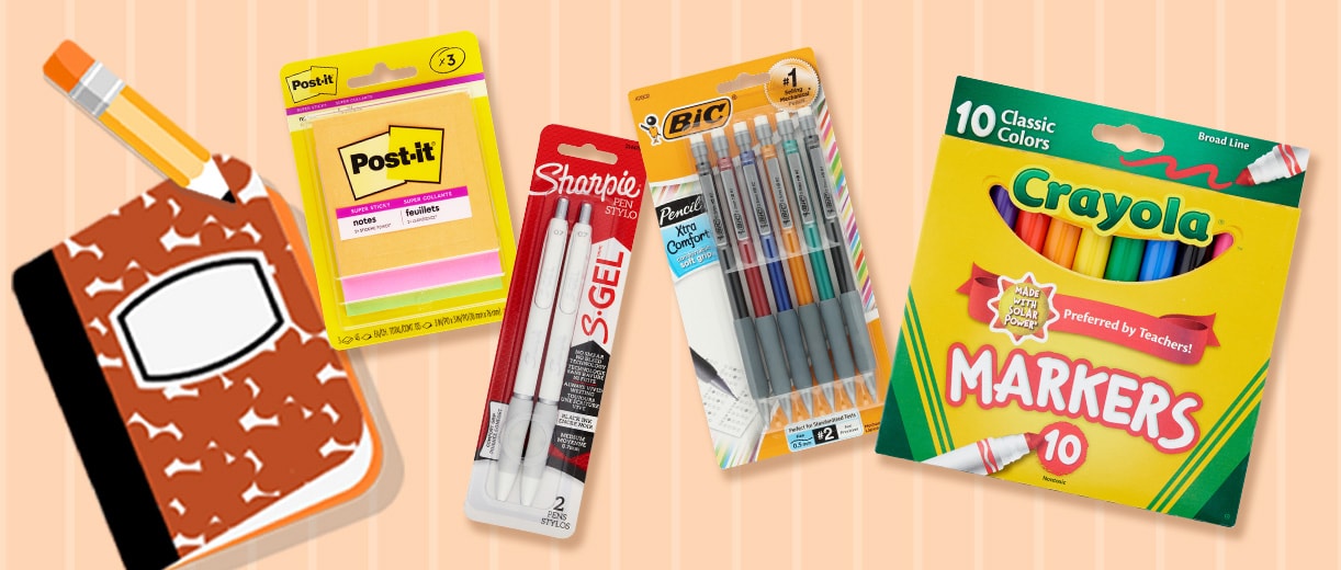Back-to-school supplies, including Post-it Notes, Sharpie gel pens, Bic mechanical pencils and Crayola markers. Pictogram of a composition notebook and pencil