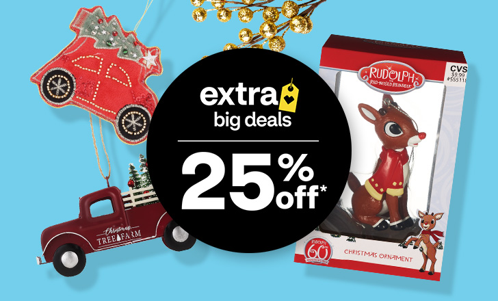 VW Beetle and tree truck ornaments, and a Rudolph ornament, 25% off.