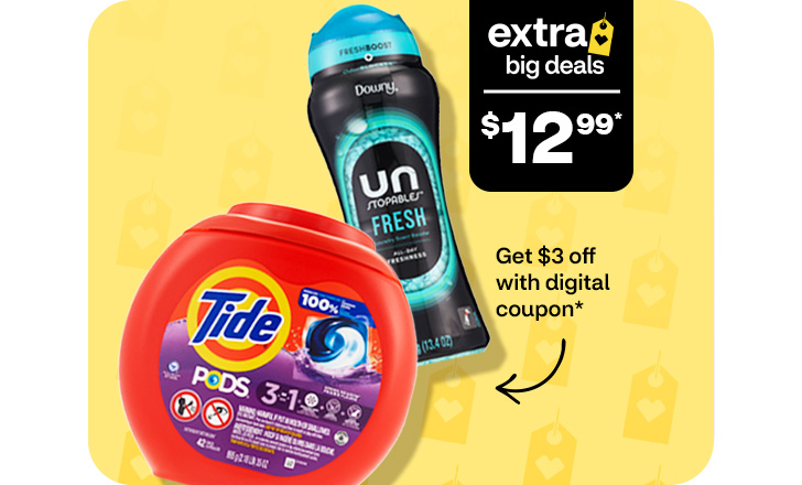 Extra big deals, $12.99. Get $3 off with digital coupon. Downy Unstopables Scent Booster Beads and Tide Pods.