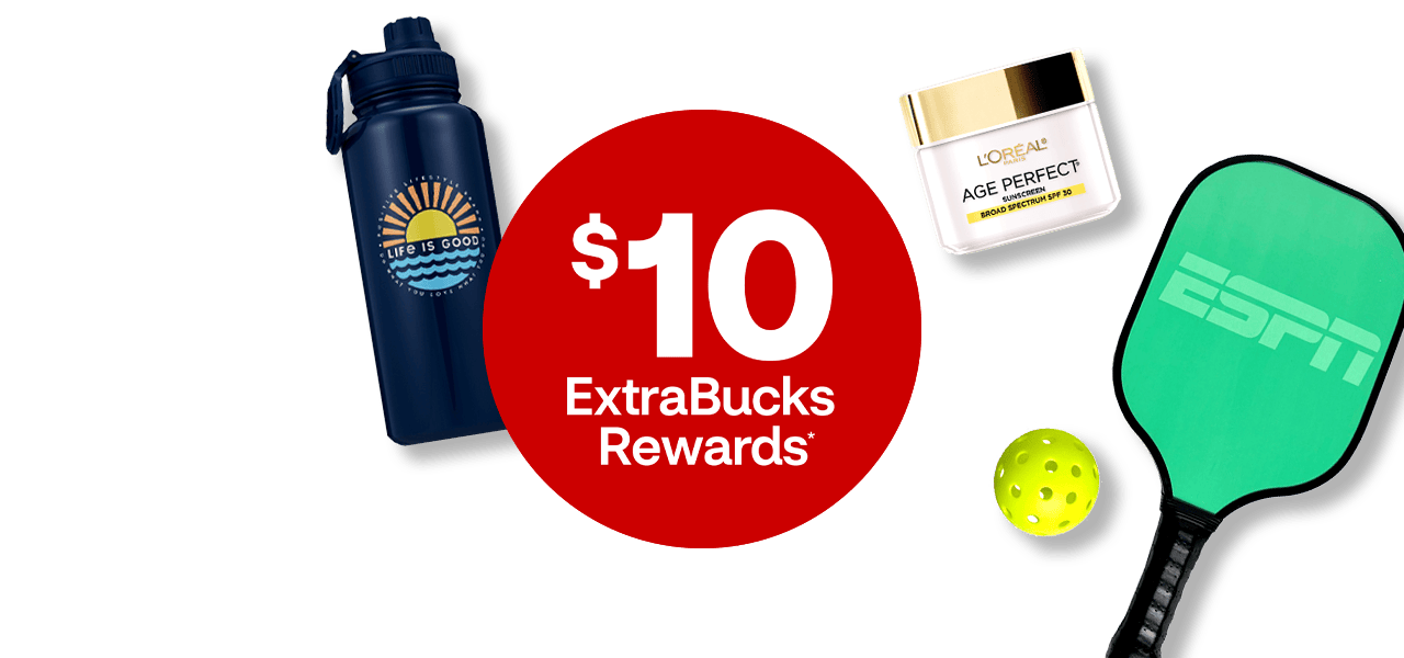 $10 ExtraBucks Rewards, Life Is Good beach towel and water bottle, L'Oréal Age Perfect sunscreen and ESPN pickleball set