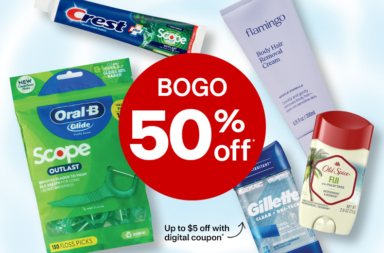 Buy one, get one 50 percent off, up to $5 off with digital coupon on select personal care products, including Crest toothpaste, Oral-B floss picks, Flamingo hair removal cream, Gillette and Old Spice deodorant