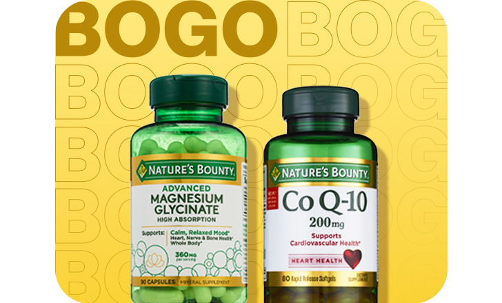 Buy 1, get 1 free, Nature's Bounty Magnesium Glycinate capsules and Co Q-10 softgels.