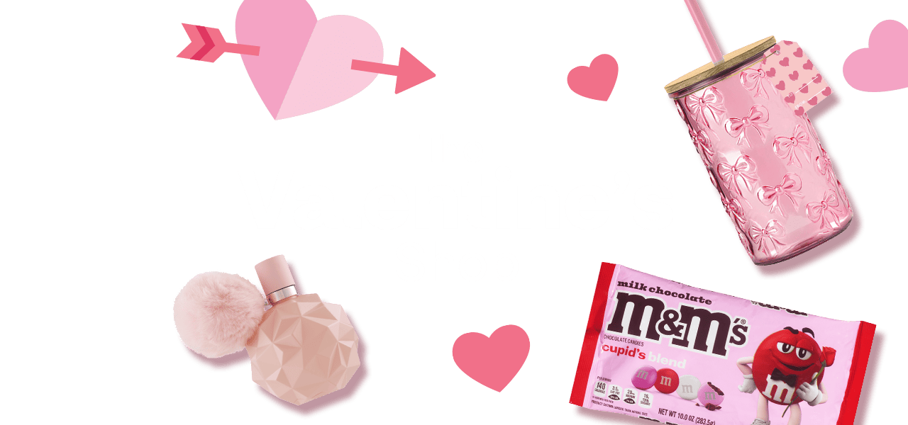 The Valentine's Shop, A Hello Kitty Valentine's Day plush toy, a covered tumbler, Cupid's Blend M&M's and more