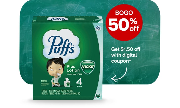 Buy 1, get 1 50% off. Get $1.50 off with digital coupon. Puffs facial tissues with lotion