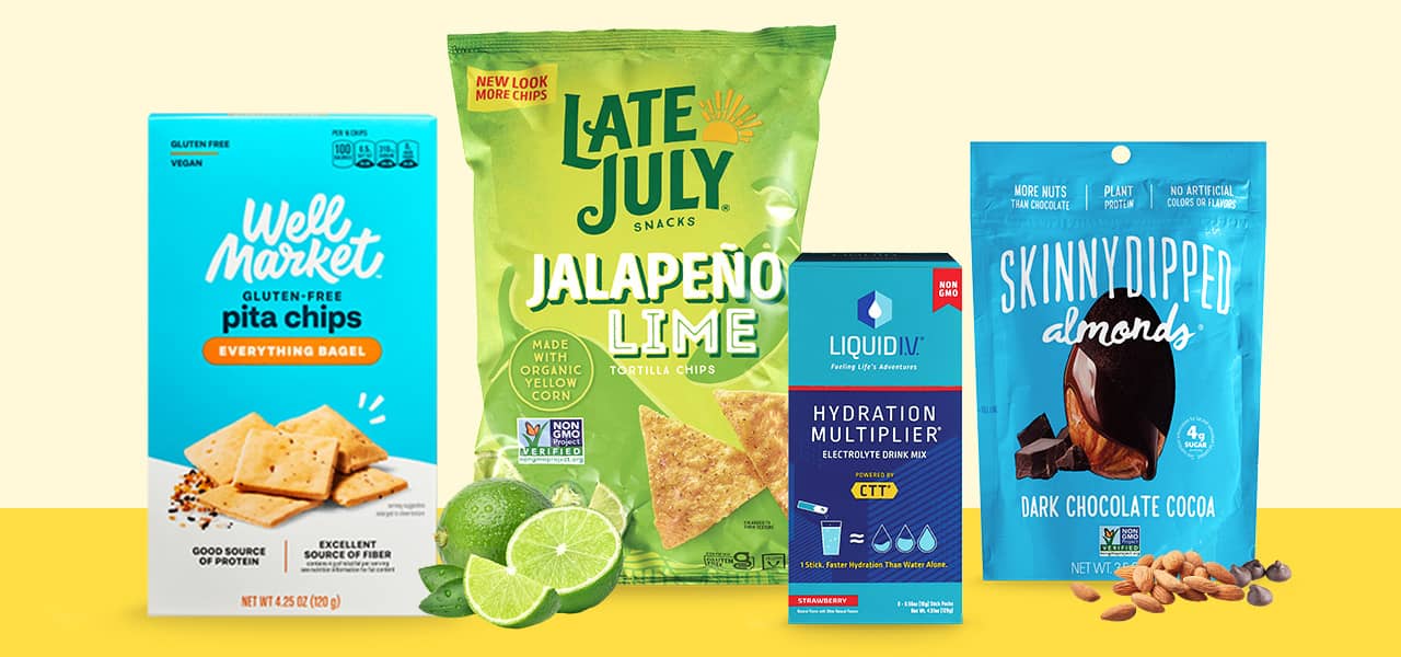 Well Market pita chips, Late July tortilla chips, Liquid I.V. Hydration Multiplier and Skinny Dipped almonds