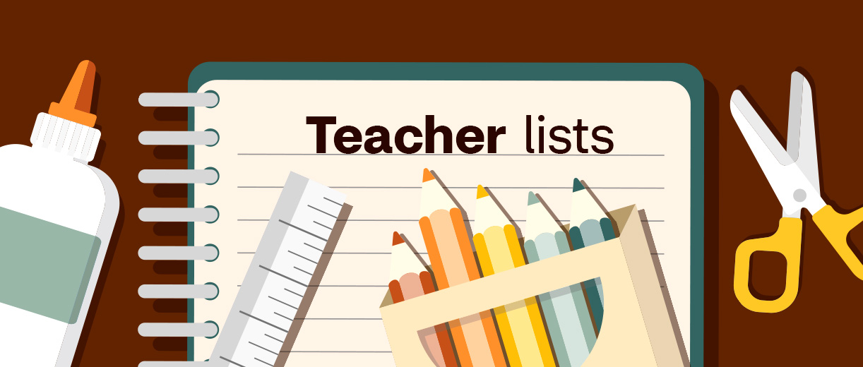Pictogram of a spiral notebook that reads "Teacher lists" with colored pencils, scissors, a ruler and Elmer's glue