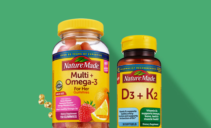 Buy one, get one 50 percent off, Nature made Multi Omega 3 gummies and D3 + K2 softgels.
