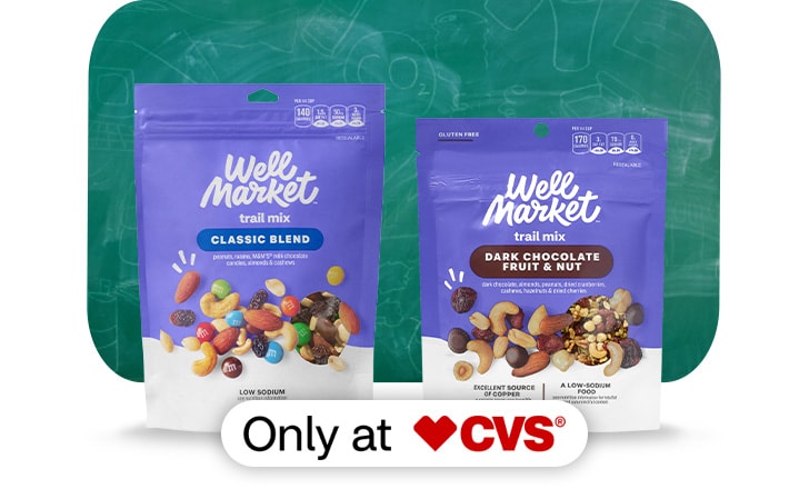 Well Market Classic Blend trail mix and Dark Chocolate Fruit and Nut trail mix. Only at CVS