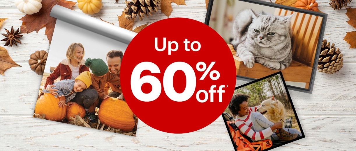 Up to 85% off. Personalized framed photos and posters of a child with a seventh birthday cake, a pug sleeping and a couple at the beach.