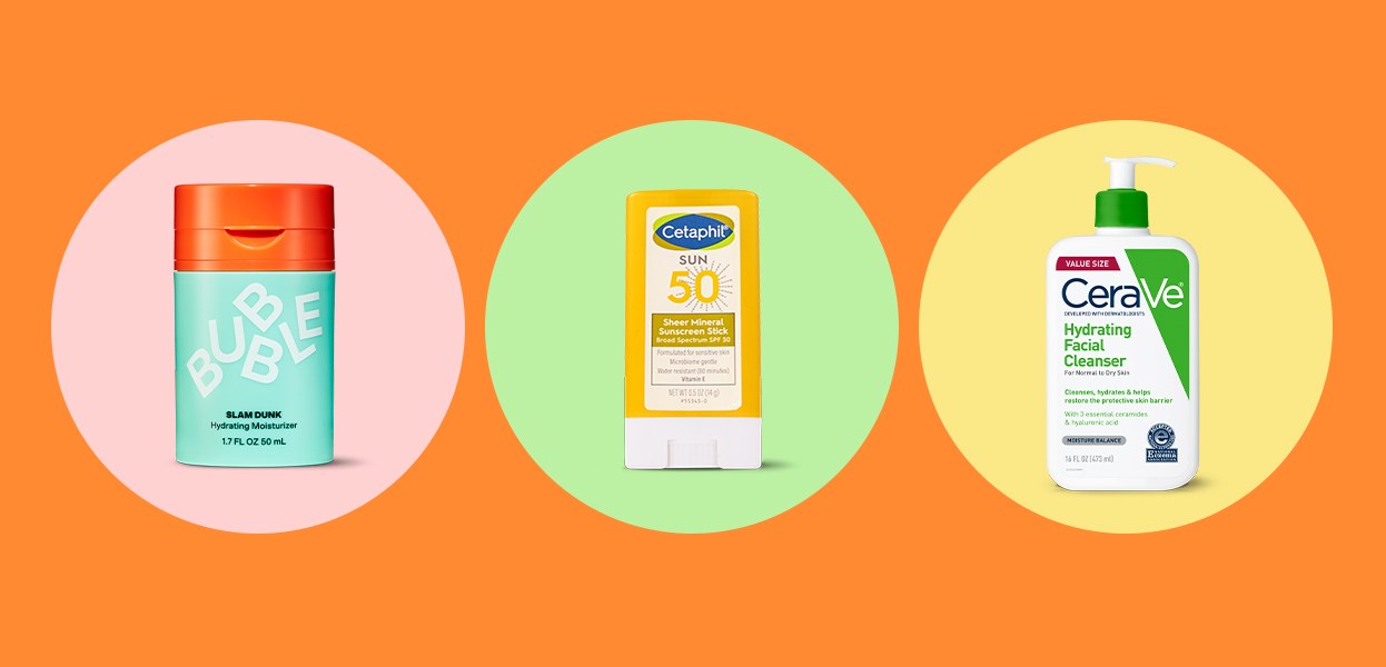 Bubble moisturizer, Cetaphil sunscreen stick, CeraVe facial cleanser