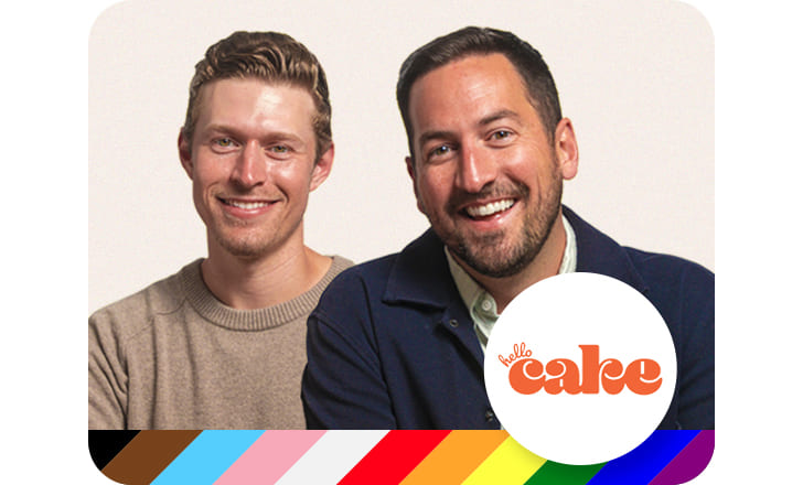 Portrait of Mitch Orkis and Hunter Morris with Hello Cake logo