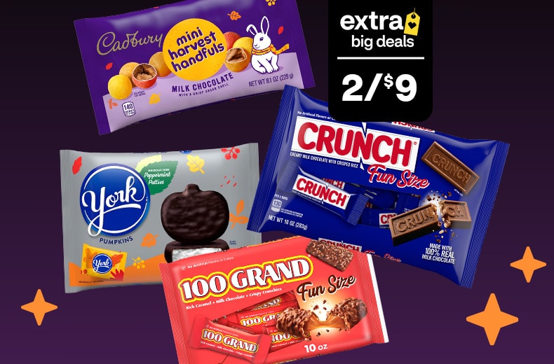 Extra big deals, two for $9. Cadbury mini harvest handfuls, York peppermint patties, 100 Grand candy bars and Crunch bars.
