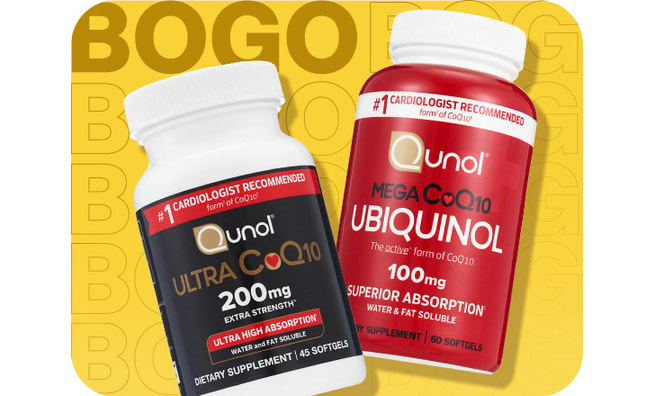 Buy 1, get 1 free. Qunol Ultra CoQ10 and Mega CoQ10 supplements.
