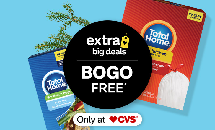 Total Home sandwich bags and tall kitchen trash bags, buy one, get one free, only at CVS
