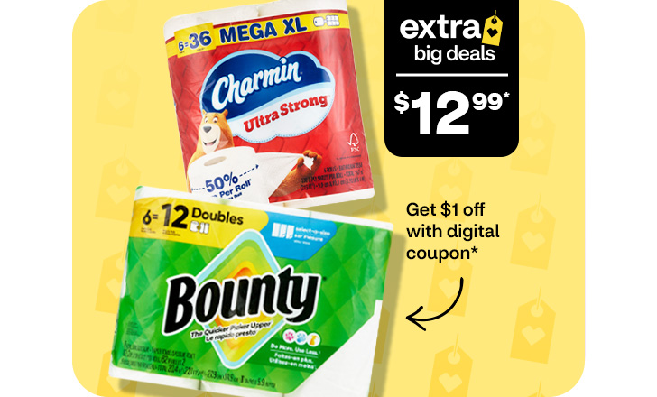 Extra Big Deals, $12.99. Get $1 off with digital coupon. Charmin Ultra Strong toilet paper and Bounty paper towels