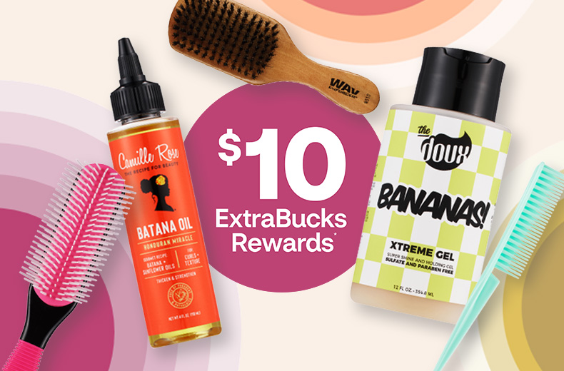 $10 ExtraBucks Rewards*, The Doux Bananas! gel, Camille Rose Batana Oil, a pink brush and a WavEnforcer brush