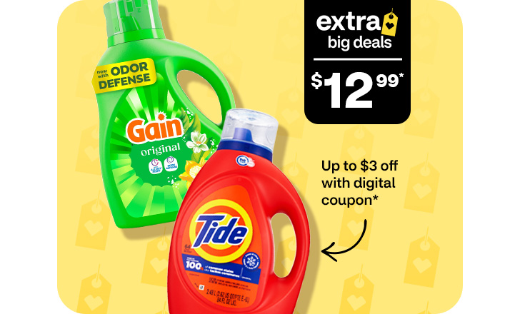 Extra Big Deals $12.99. Up to $3 off with digital coupon. Gain Odor Defense and Tide detergent