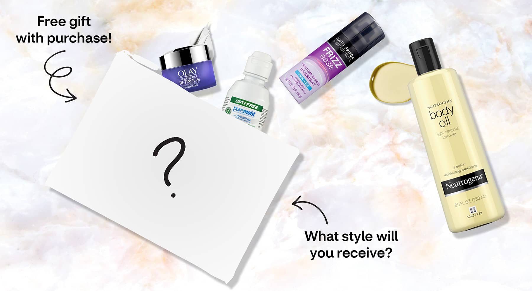 Free gift with purchase! What style will you receive? arrows point to pouch with a large question mark, amid examples of travel size products.