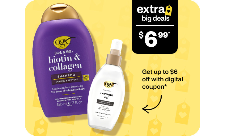 Extra Big Deals, $6.99. Get up to $6 off with digital coupon. OGX Biotin & Collagen Shampoo and OGX Coconut Oil Hydrating Oil Mist