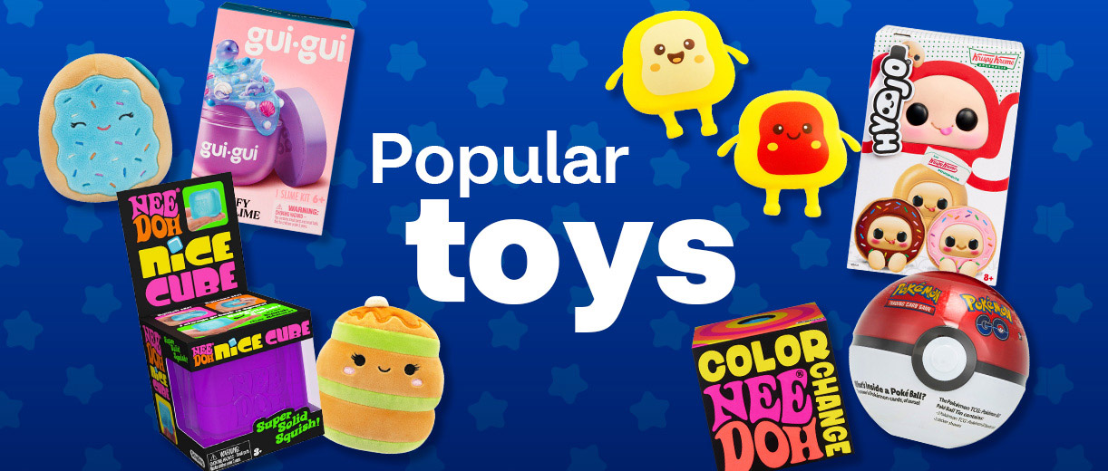 Popular toys, including NeeDoh Nice Cube, Gui Gui slime, Poké ball, Color Change NeeDoh, a variety of breakfast plush toys and Hyojo Krispy Kreme doughnut plush toys against a blue background with stars