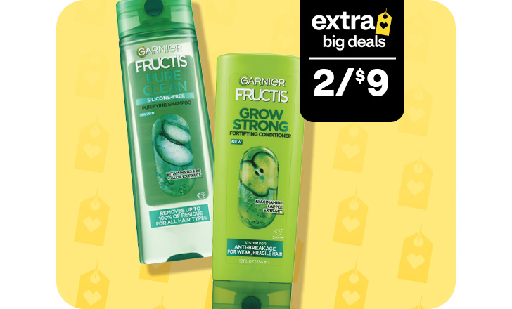 Two for $9, get $3 off with digital coupon, Garnier Fructis shampoo and conditioner, extra big deals