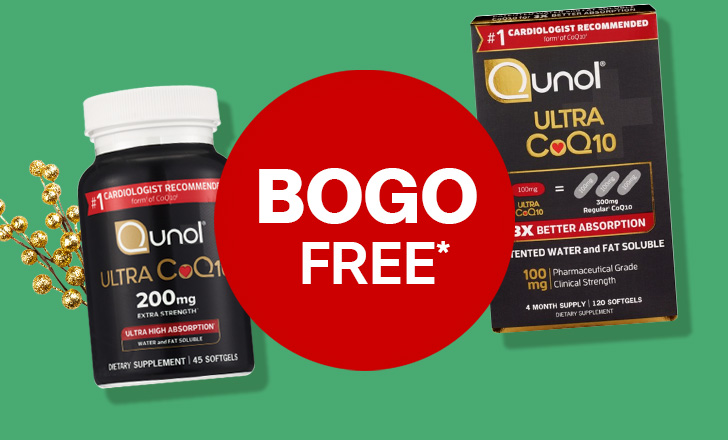 “Buy one, get one free" offer dot next to Qunol Ultra CoQ10 supplements.