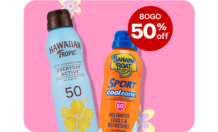 Buy 1, get 1 50% off Hawaiian Tropic and Banana Boat SPF 50 sunscreen