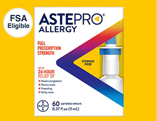 Four panels showing 60 & 120 metered sprays of 2 Astepro and 2 Children’s Astepro products.