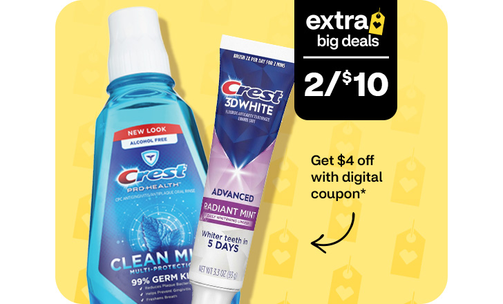 Two for $10, get $4 off with digital coupon, Crest mouthwash and toothpaste