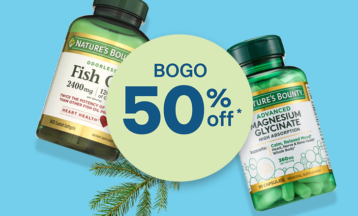 Buy one, get one 50 percent off, Nature's Bounty Fish Oil softgels and Magnesium Glycinate capsules.