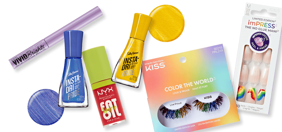 NYX Professional Vivid Brights eyeliner, Sally Hansen Insta-Dri nail polish, NYX Fat Oil lip color, KISS eyelashes and imPress no-glue nails