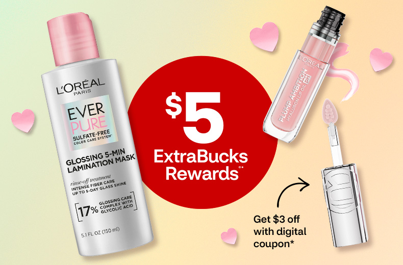 $5 ExtraBucks Rewards. Get $3 off with digital coupon. L’Oréal Paris Plump Ambition lip oil with applicator and L’Oréal Paris Ever Pure hair mask next to pink hearts