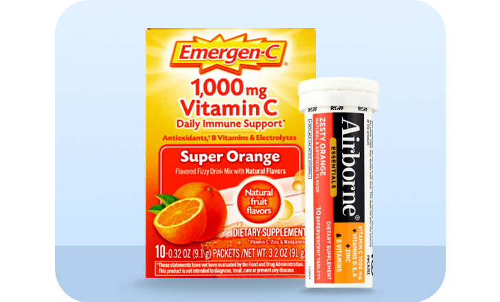 Emergen-C 1,000 mg Vitamin C daily immune support packets and Airborne immune support tablets