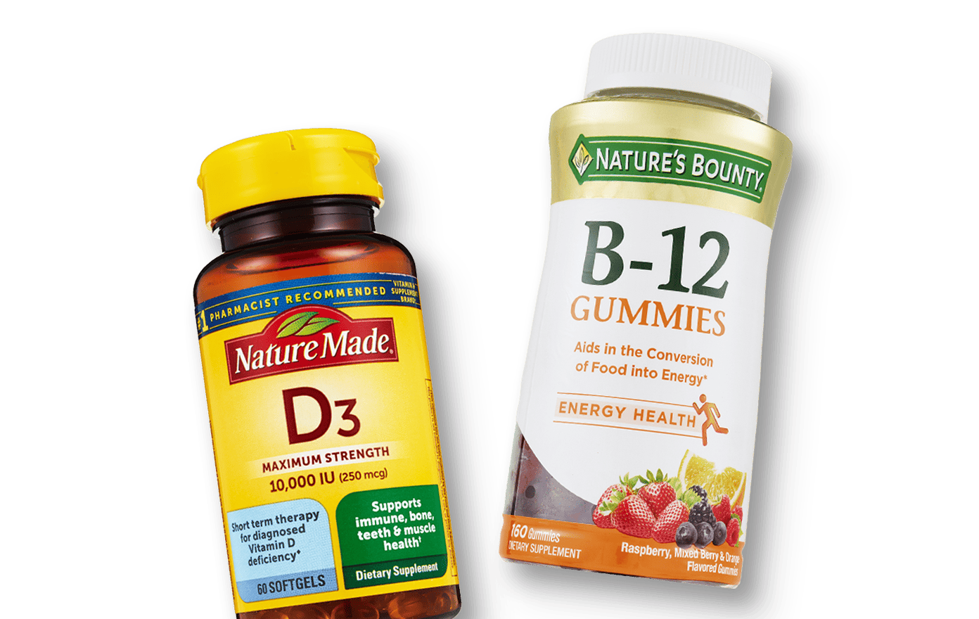 Vitamins from A to Z, Nature Made and Nature's Bounty examples