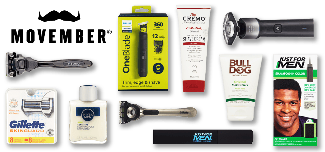 Movember® logo, Hydro razor, Gillette razor, Nivea Men shave balm, Philips OneBlade razor, Cremo shave cream, Just for Men hair color, BullDog moisturizer