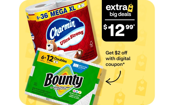 Extra Big Deals, $12.99. Get $2 off with digital coupon. Charmin toilet paper and Bounty paper towels.