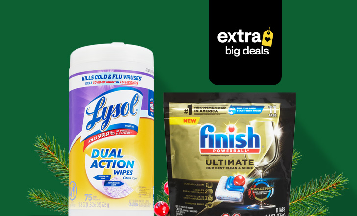 Lysol dual action wipes and Finish ultimate dishwasher pods