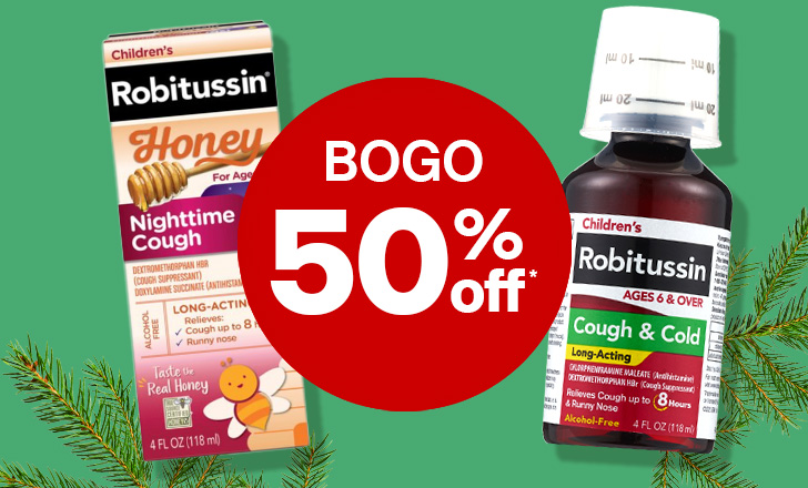 "Buy one, get one 50% off" offer dot next to Robitussin cough medicine.