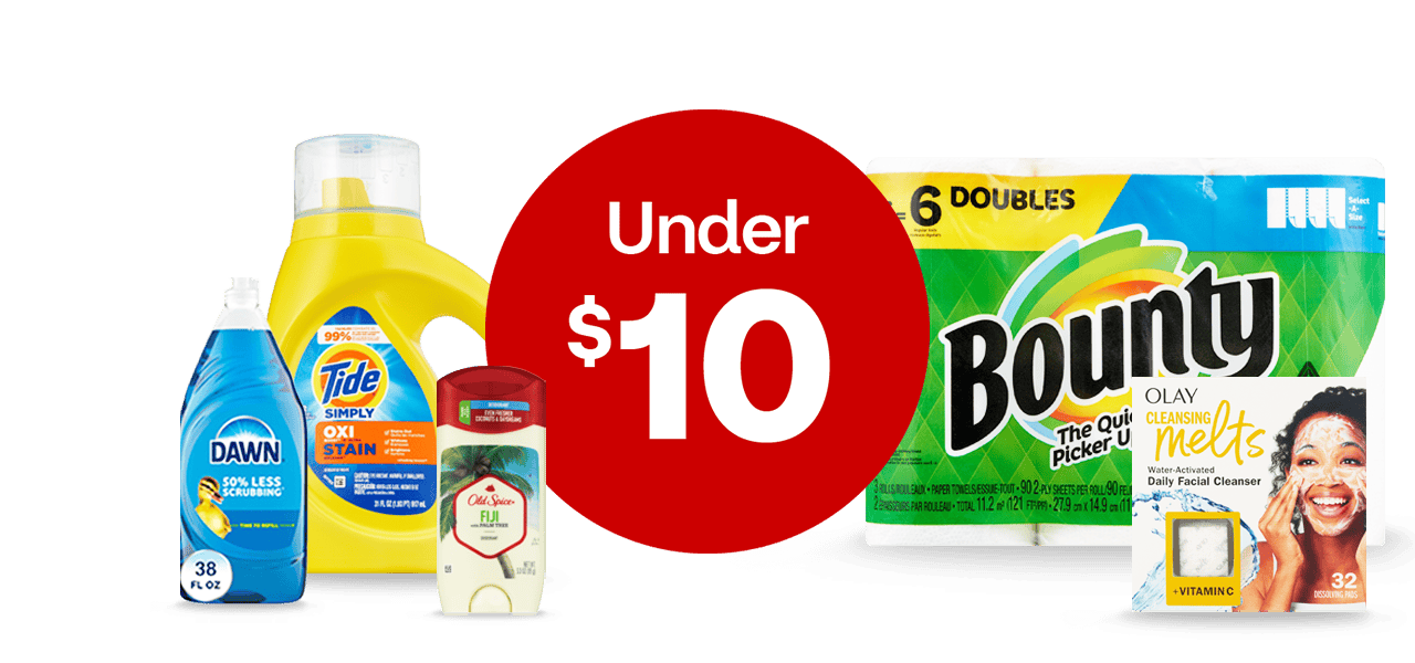 Deals under $10, including Dawn dish detergent, Tide laundry detergent, Old Spice deodorant, Bounty paper towels and Olay Cleansing Melts