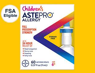 Four panels showing 60 & 120 metered sprays of 2 Astepro and 2 Children’s Astepro products.