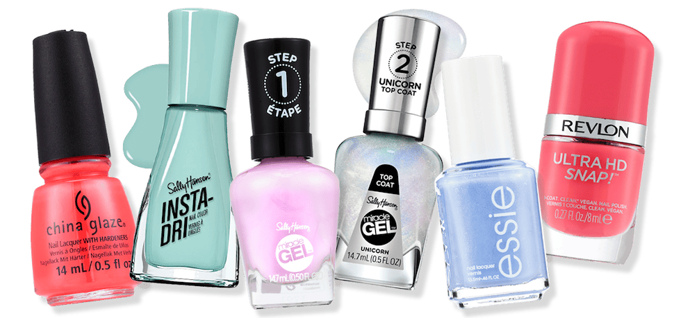 China Glaze, Sally Hansen Insta-Dri, Essie and Revlon nail polish