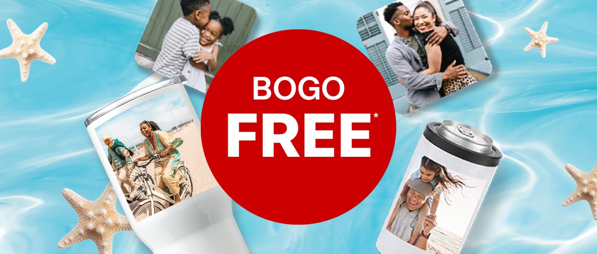 Buy 1, get 1 free. Personalized CVS Photo gifts, including a tumbler, can cooler, and photos with families hugging, smiling and riding bikes. Against a blue water background with starfish