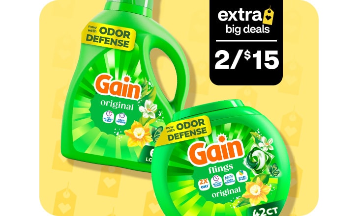 Extra Big Deals. Two for $15. Gain Odor Defense detergent and pods.