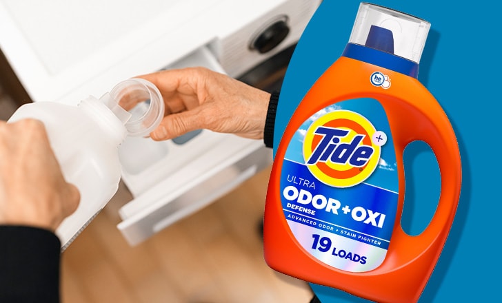 Close-up of hands pouring detergent into a washing machine next to Tide Ultra Odor and Oxi Defense detergent