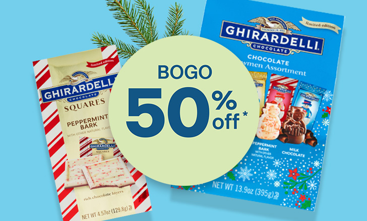 Buy one, get one 50 percent off, Ghirardelli peppermint bark and chocolate snowmen candy