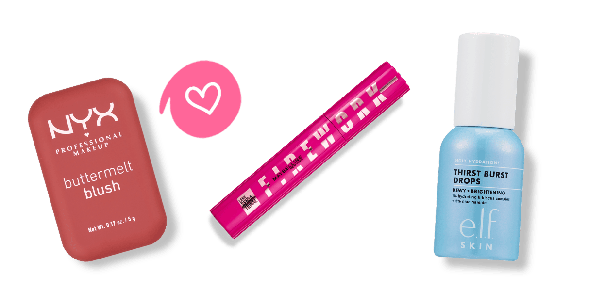 NYX Buttermelt Blush, Maybelline Firework Mascara, elf thirst burst drops
