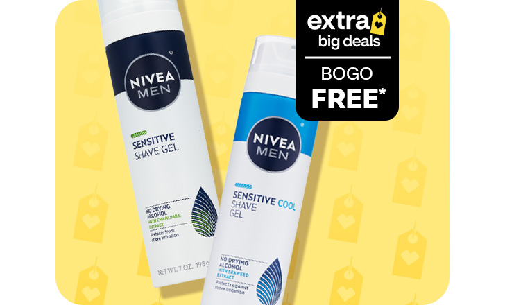 Extra Big Deals. Buy 1, get 1 free. Nivea Men Sensitive Shave Gel and Sensitive Cool Shave Gel