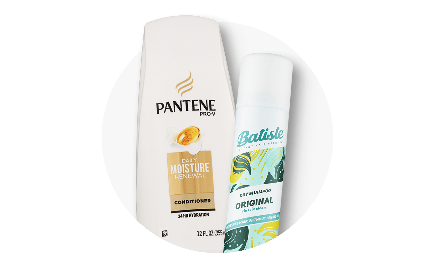 Shampoo and conditioner, showing Pantene and Batiste products