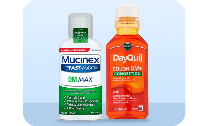 Mucinex DM Max and DayQuil Cough DM plus congestion liquid cold remedies