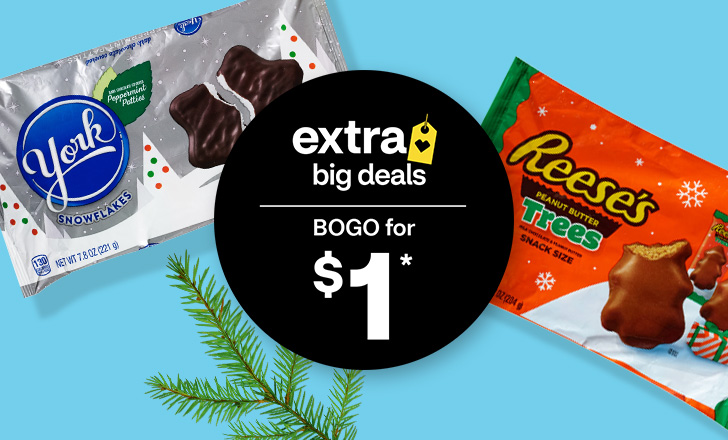 York snowflake peppermint candy and Reese's peanut butter trees, buy one, get one for $1